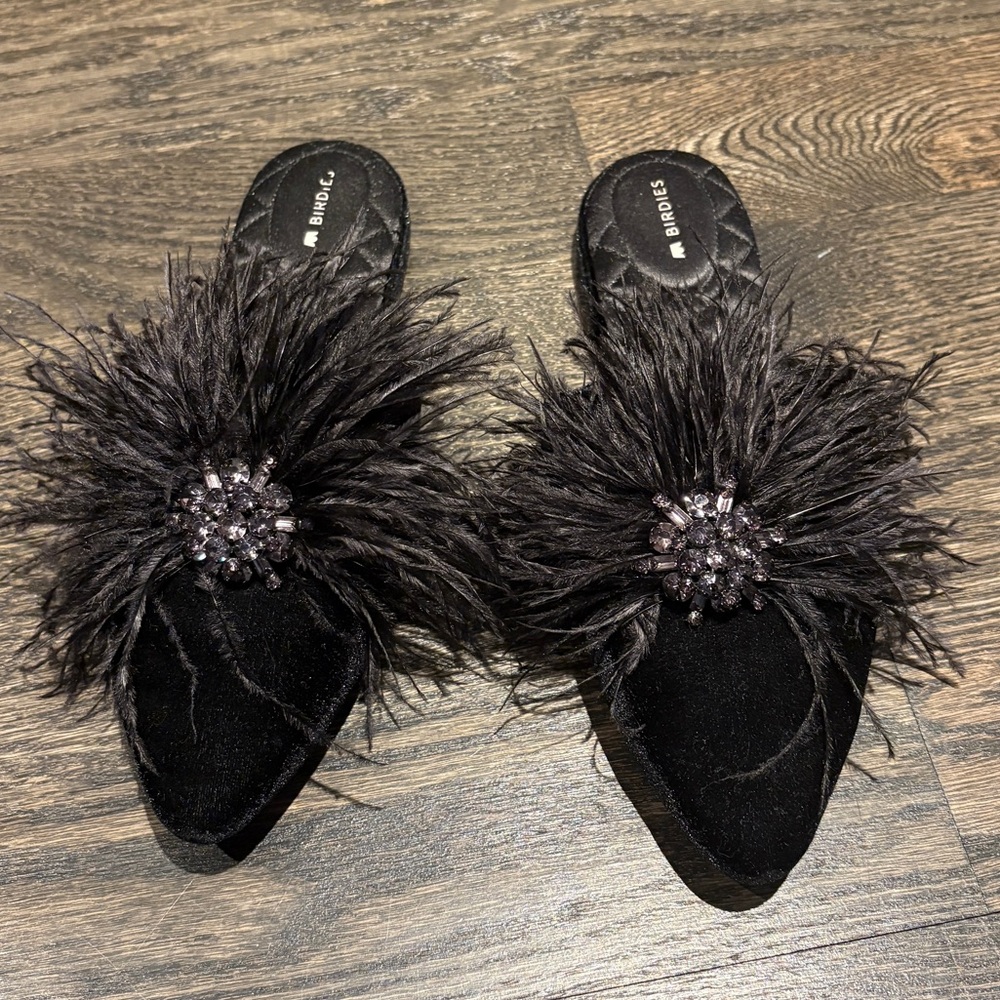 Black velvet, feather, and crystal-embellished Birdies flats / mules, size 6.5